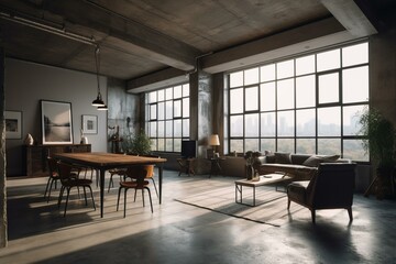 Fototapeta na wymiar Spacious loft with abundant natural light, concrete flooring, and metal accents. Generative AI