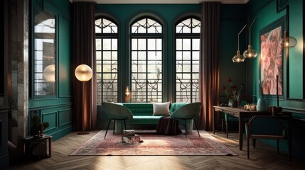 Fototapeta premium Art deco interior design room with beautiful lightning generative ai