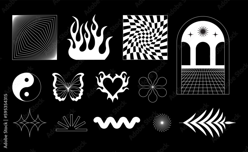 Aufkleber vector retro futuristic neo grunge elements for print and graphic designs, abstract shapes y2k, figu