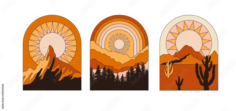 Aufkleber Vector illustration in simple line style - boho abstract print - simple natural landscape with mountains and hills