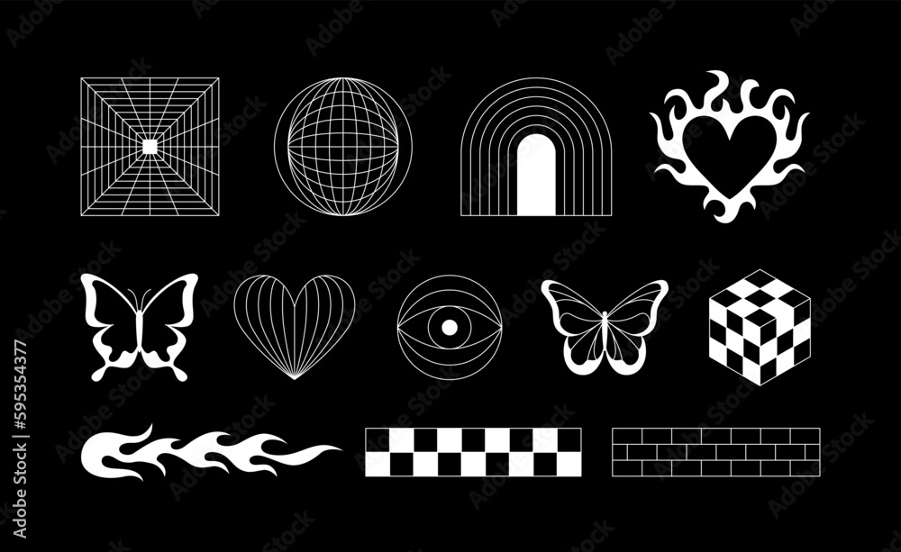 Poster vector retro futuristic neo grunge elements for print and graphic designs, abstract shapes y2k, figu