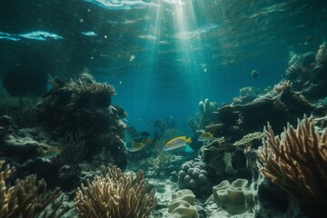 Fototapeta na wymiar Underwater ecosystem with diverse marine life. Generative AI