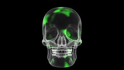 The spread of antivirus through 3D skull on black background. Demonstration of cure of the virus. Medical concept. Scanning and treatment of the body. 3D animation.