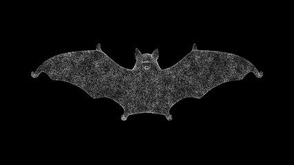 3D bat on black bg. Object dissolved white flickering particles. Business advertising backdrop. Science concept. For title, text, presentation. 3D animation.