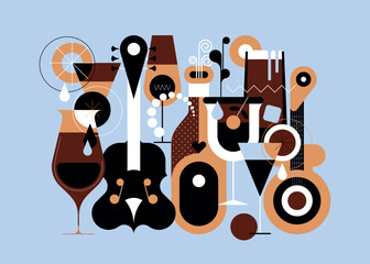 Flat vector design of different cocktail glasses, a bottle of acohol drink and musical instruments isolated on a light blue background.