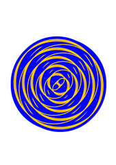blaue kreisfläche durchzogen von konzentrisch angeordneter spiralförmigen orange linien, modern art,