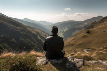 Fototapeta premium A young man sitting in the midst of a beautiful natural landscape enjoying the freedom and adventure of his travel. The lush green forest, towering mountains provide a breathtaking view. Generative AI