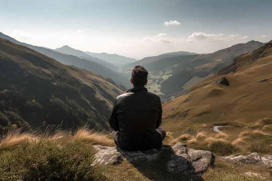 A young man sitting in the midst of a beautiful natural landscape enjoying the freedom and adventure of his travel. The lush green forest, towering mountains provide a breathtaking view. Generative AI