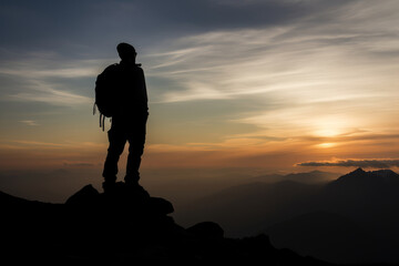 Silhouette of man, stands triumphantly on top of the mountain.Successful journey in adventure and business. Leader and an active traveler, reaching new heights, conquering challenges. Generative AI