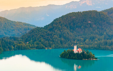 Mary church sitting on Slovenia's only island in the middle of lake Bled