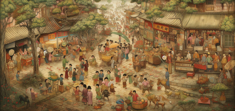 depicts people playing and buying in a market in , Generative AI
