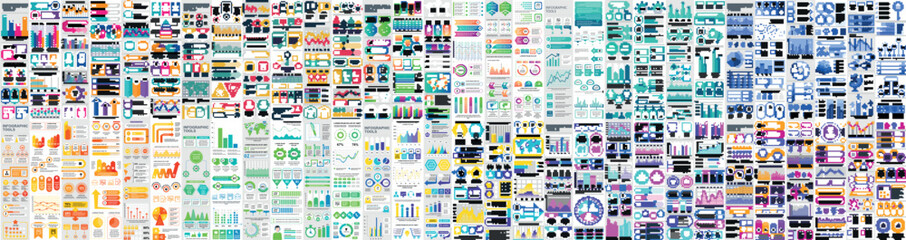 Fototapeta na wymiar Mega set of infographic elements data visualization vector design template. Can be used for steps, options, business process, workflow, diagram, flowchart, timeline, marketing. Bundle info graphics.