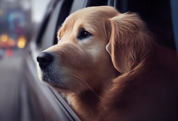 Retriever looking out the window of a car driving through the city by Generative AI