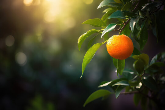 In the warm summer sun, a beautiful orange tree. Ripe, juicy fruit hanging from its branch. Natural organic crop.Bountiful harvest of delicious, healthy source of vitamins, nutrients. Generative AI