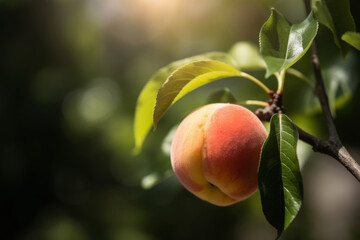 A beautiful tree in a lush garden with ripe peach hanging.Green leaves. Fresh and organic fruit, ready to be harvested. Perfect healthy summer treat. The sunny and natural environment. Generative AI