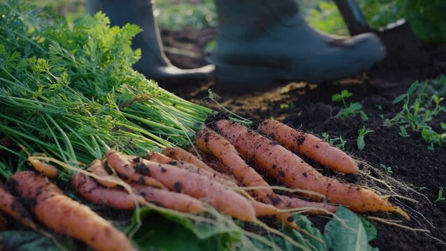 Farmer woman puts freshly dug carrots with tops on the ground at sunset, a gardener in rubber boots harvests in autumn close-up