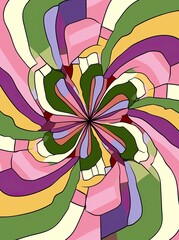 Retro 70s groovy swirl burst, floral design, summer carnival backdrop, nostalgic wall art, poster, card. Generative AI