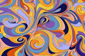 Swirling psychedelic pattern, retro wave wallpaper, fluid groovy backdrop, vector illustration. Generative AI