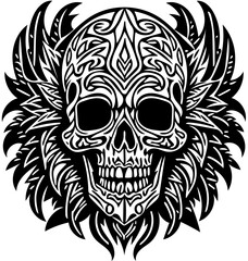 Vector illustration of tribal human skull in black and white, tattoo design 