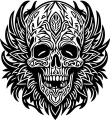 Vector illustration of tribal human skull in black and white, tattoo design 