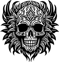 Vector illustration of tribal human skull in black and white, tattoo design 