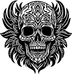 Vector illustration of tribal human skull in black and white, tattoo design 