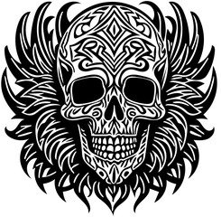 Vector illustration of tribal human skull in black and white, tattoo design 