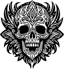 Vector illustration of tribal human skull in black and white, tattoo design 