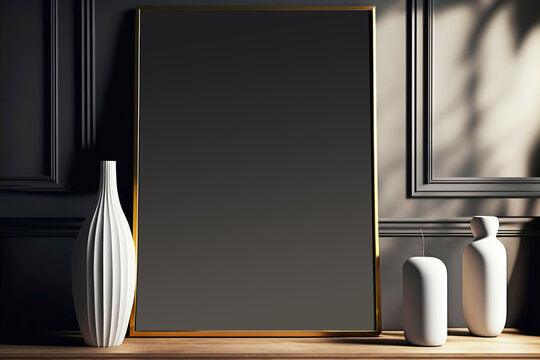 Frame mockup in an elegant black art deco interior. Generative AI illustration