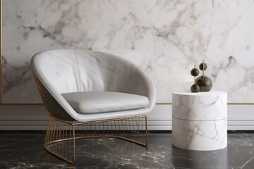 Fototapeta na wymiar 3D render of an armchair and table against a marble wall. Generative AI