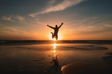 A lone man jumps with joy on a beautiful beach during sunset, enjoying the warmth of summer sun and the refreshing sea breeze. The silhouette of the man, freedom, happiness, pure bliss. Generative AI