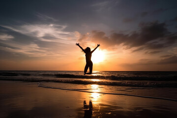 A woman jumps on the beach at sunset, her silhouette against the orange sky and the vast ocean. Happiness and freedom, a carefree spirit enjoying nature and the beauty of the outdoors. Generative AI
