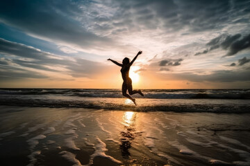 A woman jumps on the beach at sunset, her silhouette against the orange sky and the vast ocean. Happiness and freedom, a carefree spirit enjoying nature and the beauty of the outdoors. Generative AI