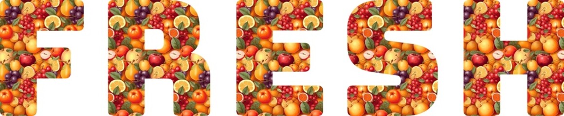 Fresh sign with fruit pattern letters on transparent background. Generative AI.