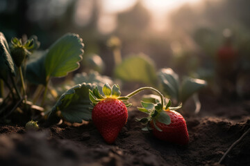 A delicious and juicy strawberry sits atop a bed of soil in a garden, surrounded by green foliage. Fresh and healthy organic fruit, grown with care on a sustainable farm natural methods. Generative AI