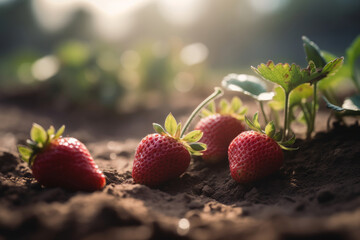 A delicious and juicy strawberry sits atop a bed of soil in a garden, surrounded by green foliage. Fresh and healthy organic fruit, grown with care on a sustainable farm natural methods. Generative AI
