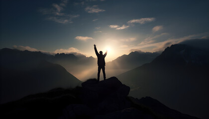 Fototapeta premium Celebrating success on a mountain top, mountain peak