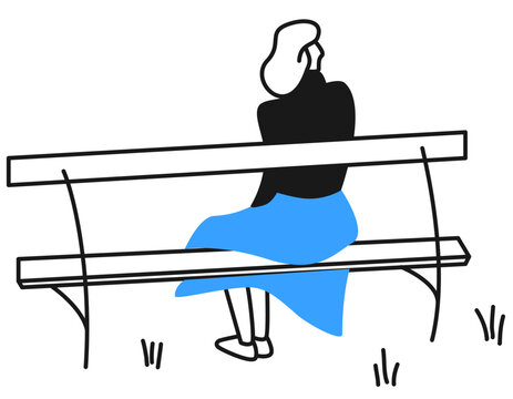 Woman sitting on bench. Sadness, depression, thinking concept vector illustration