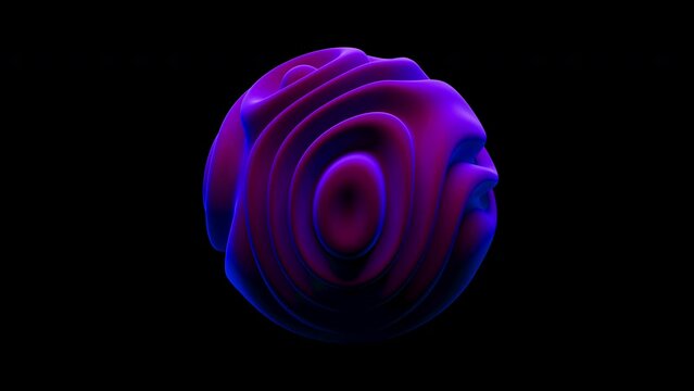 Neon rotating sphere with moving waving surface on black background. Abstract visualization of sound waves or equalizer, big data or artificial intelligence. Seamless loop animation with alpha matte
