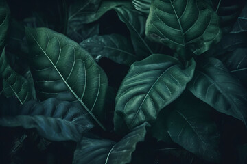 Obraz premium A tropical textured background with leaves and plants, perfect for a summer-themed decoration or wallpaper. The green and fresh design features palm trees and monstera leaves. Generative AI