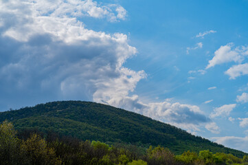 Forested mountain under the blue cloudy sky