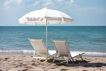 Empty chairs and an umbrella sit on a pristine beach, inviting relaxation. Beauty of the tropical landscape. Tranquil scene, white sand and blue waters of the ocean in the background. Generative AI