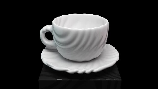 3D white ceramic empty mug with sound waves on surface rotates on podium on black background. Empty surreal porcelain cup for tea, coffee or other hot drink. Seamless loop animation with alpha matte