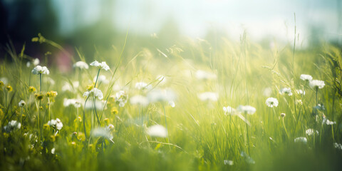 Beautiful blurred spring background nature with blooming glade, trees and blue sky on a sunny day generative ai