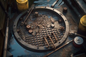 A 3D illustration of sewerage repair with an old rusty hatch cover in an open sewer. Generative AI
