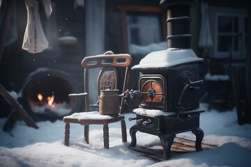Winter scene of a stove and chair in the snow. Generative AI