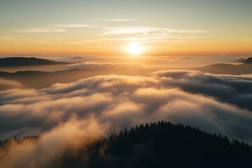 a vibrant sunrise seen from above fog. Generative AI
