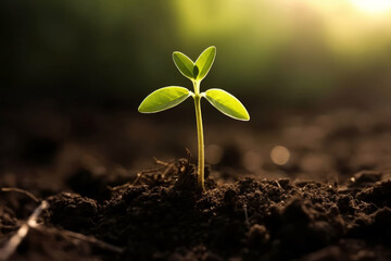 A small baby plant emerges from the soil, basking in the warm sunlight of a new day. Its green leaves and delicate stem. Nature growth. Sustainable agriculture and ecology in rich soil. Generative AI