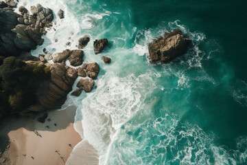 An aerial view of a beach and sea