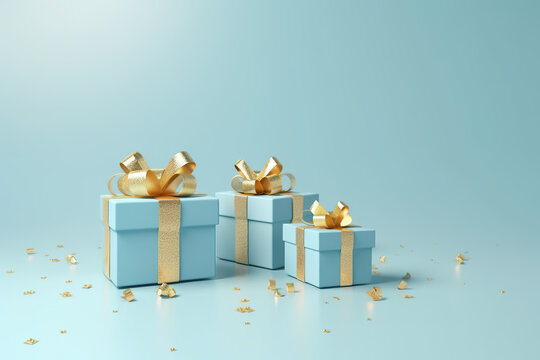 Three Christmas blue gift boxes with gold bows and confetti. AI generative.